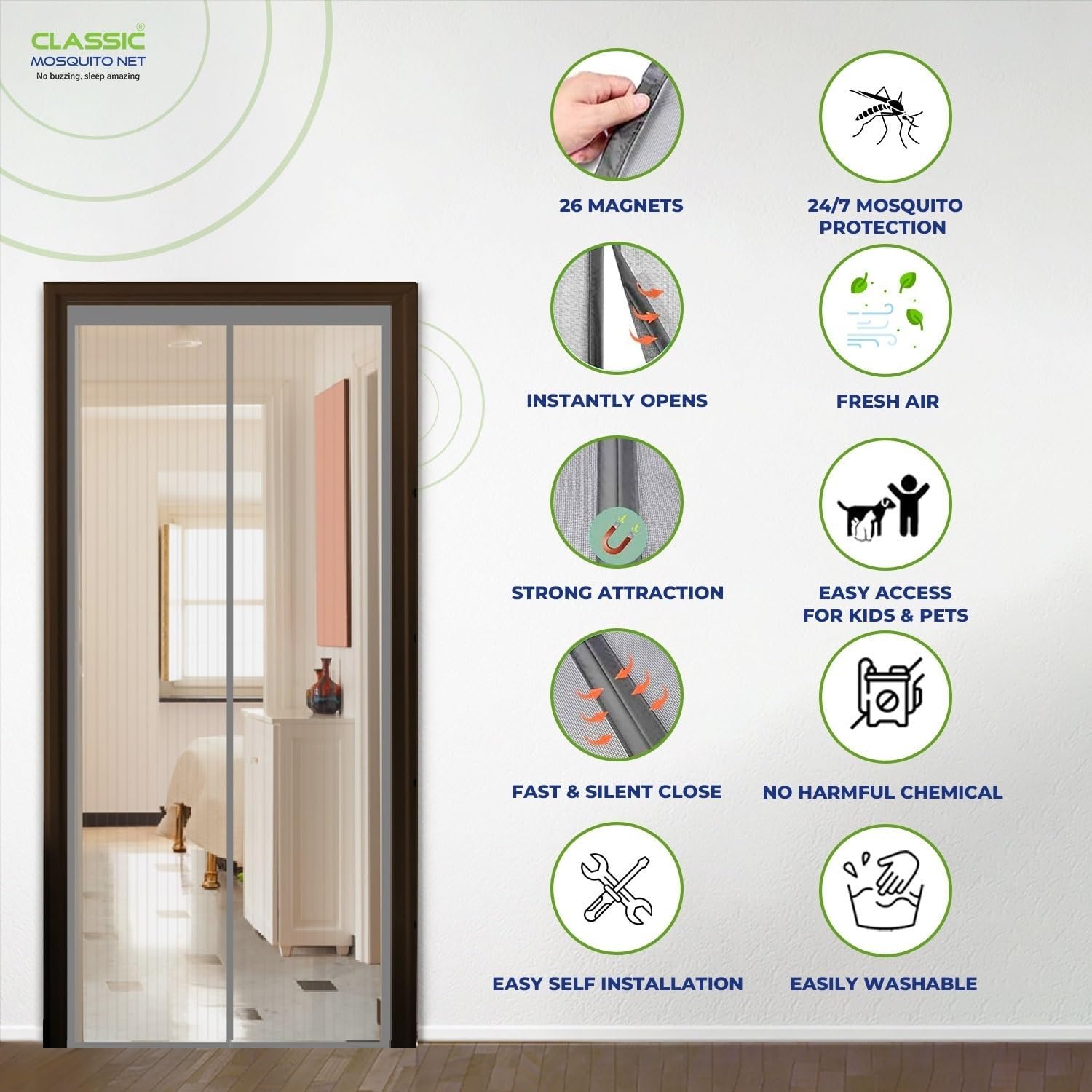 Classic Mosquito Net - Seamless magnetic closure for doors