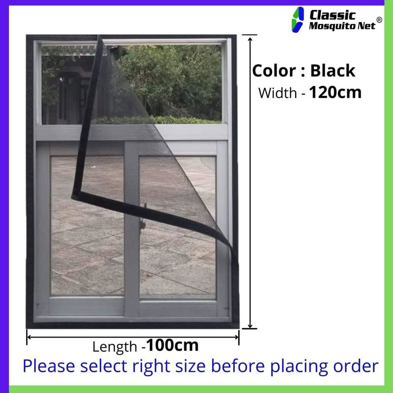 Classic Mosquito Net for Windows | Pre-Stitched (Size:110cmX120cm, Color: Black) | Premium 120GSM Strong Fiberglass Net with Self Adhesive Hook Tape