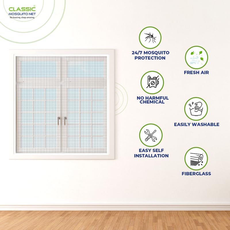 Classic Mosquito Net for Windows | Pre Stitched (Size-120X150 cms/3.93 * 4.92 Ft/47.2 * 59 Inches Color-Cream) | Premium 120GSM Fiberglass Net with Self Adhesive Hook Tape