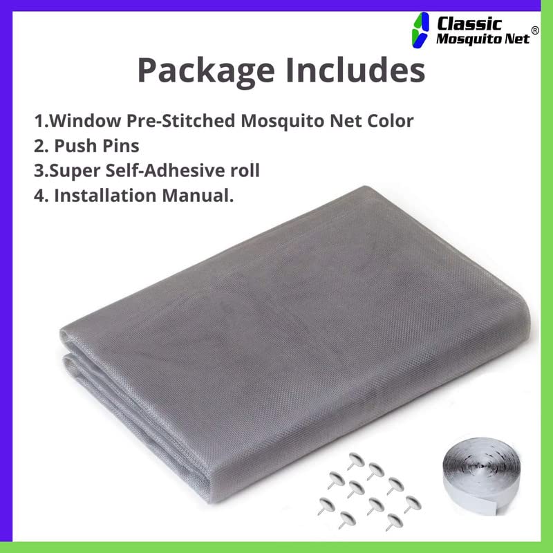 Classic Mosquito Net for Windows | Pre-Stitched (Size:140cmX150cm, Color: Grey) | Premium 120GSM Strong Fiberglass Net with Self Adhesive Hook Tape