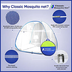 Classic Mosquito Net for Double Bed | Queen Size Embroidery Foldable Machardani | Polyester 30GSM Strong Net | PVC Coated Corrosion Resistant Steel Wire - Full Blue