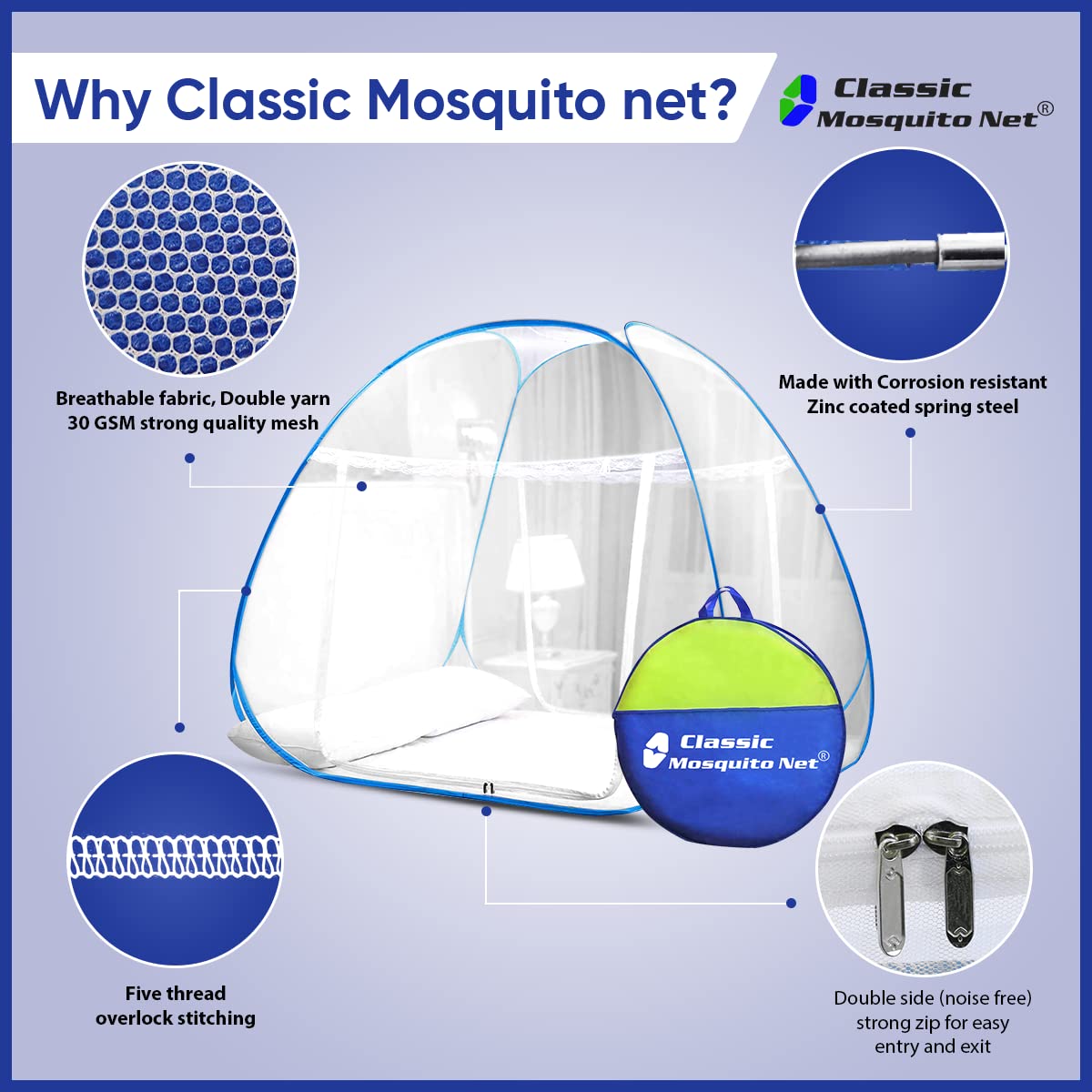 Classic Mosquito Net for Double Bed | Queen Size Foldable Machardani | Polyester 30GSM Strong Net | PVC Coated Corrosion Resistant Steel Wire - Full Blue
