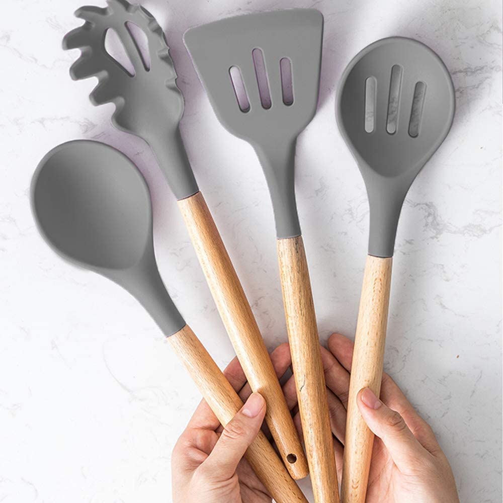 Alciono Silicone Kitchen Spatula and Utensils Spoon Set | Silicone Heat-Resistant Non-Stick Utensil Set Cooking Tools | Turner, Whisk, Spoon, Brush, Spatula, Ladle ,Slotted, Tongs ,Pasta Fork, Set of 10 item | Grey