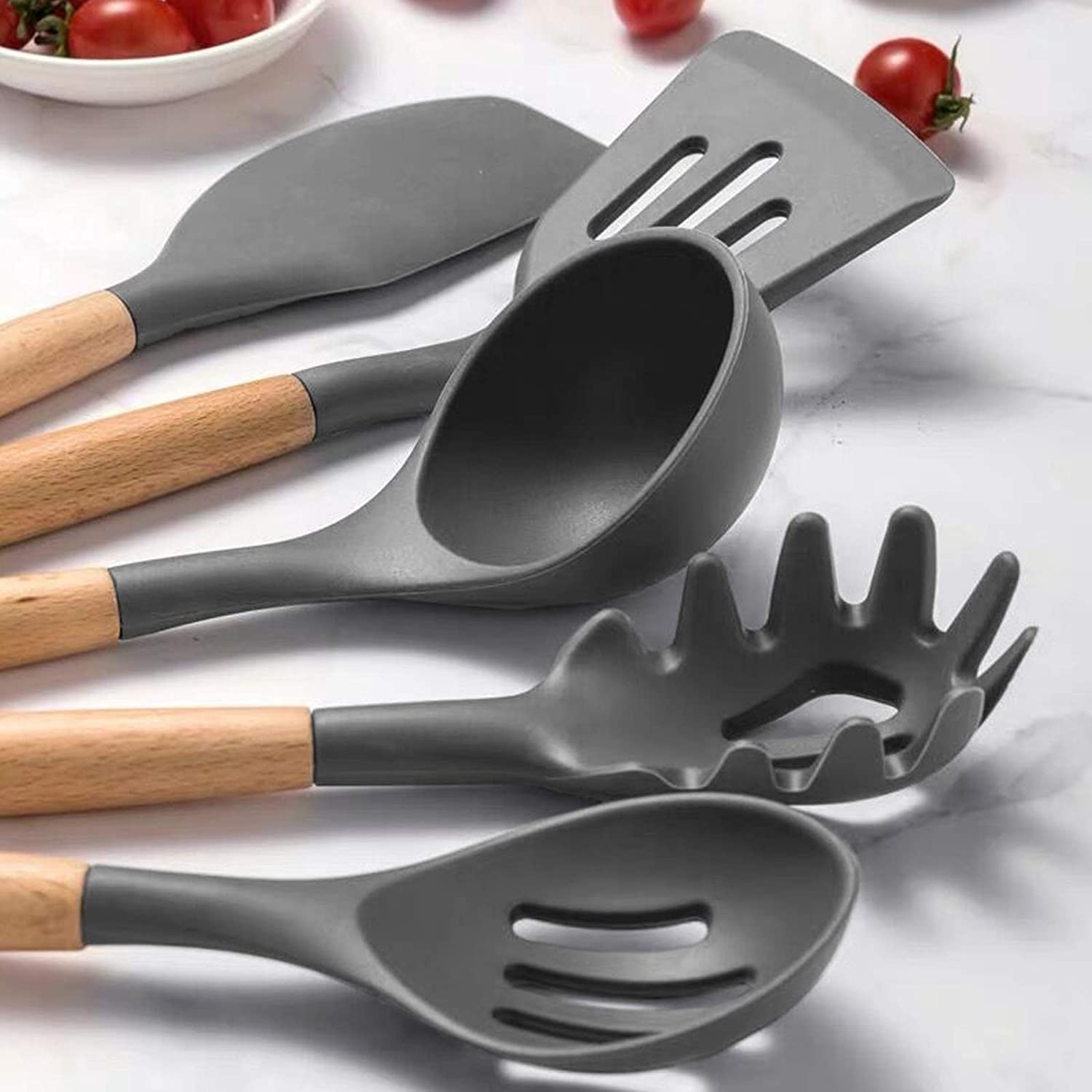 Alciono Silicone Kitchen Spatula and Utensils Spoon Set | Silicone Heat-Resistant Non-Stick Utensil Set Cooking Tools | Turner, Whisk, Spoon, Brush, Spatula, Ladle ,Slotted, Tongs ,Pasta Fork, Set of 10 item | Grey
