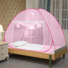 Classic Mosquito Net for Single Bed | Foldable Machardani | Polyester Strong 30GSM mesh | PVC Coated Corrosion Resistant Steel Wire - Full Pink.