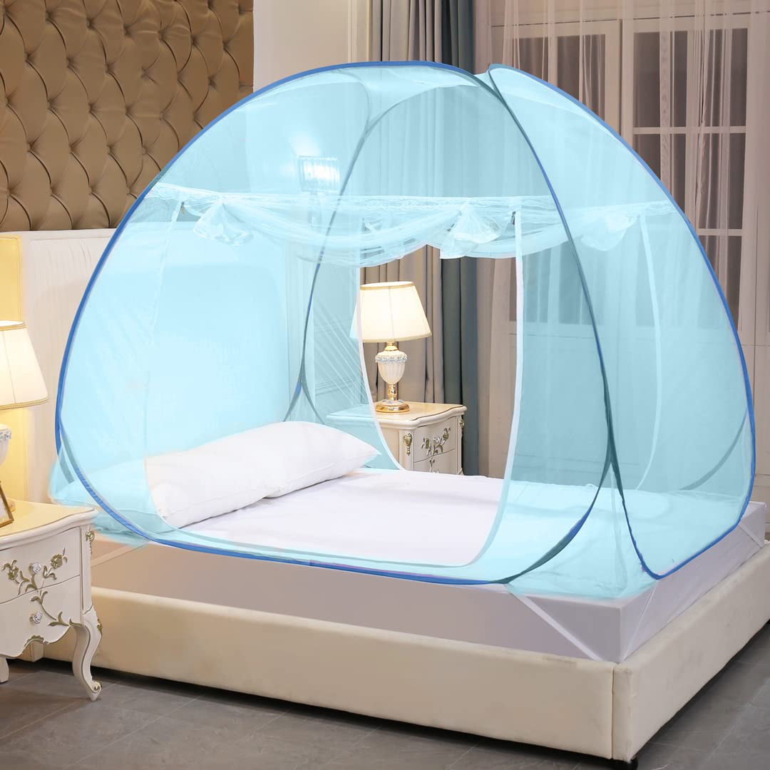 Classic Mosquito Net for Double Bed | Queen Size Foldable Machardani | Polyester 30GSM Strong Net | PVC Coated Corrosion Resistant Steel Wire - Full Blue