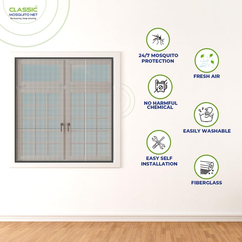 Classic Mosquito Net for Windows | Pre-Stitched (Size:100cmX120cm, Color: Grey) | Premium 120GSM Strong Fiberglass Net with Self Adhesive Hook Tape
