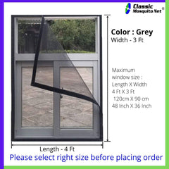 Classic Mosquito Net for Windows | Pre Stitched (Size-120X90 cms/3.93*2.95 Ft/47.2*35.4 Inches Color-Grey ) | Premium 120GSM Fiberglass Net with Self Adhesive Hook Tape
