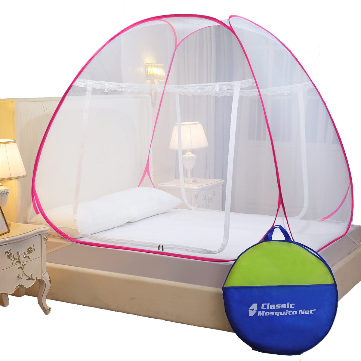 Classic Mosquito Net for Bed Queen Size | Polyester 28GSM Strong Net | HD Coated Corrosion Resistant Steel Wire - Pink