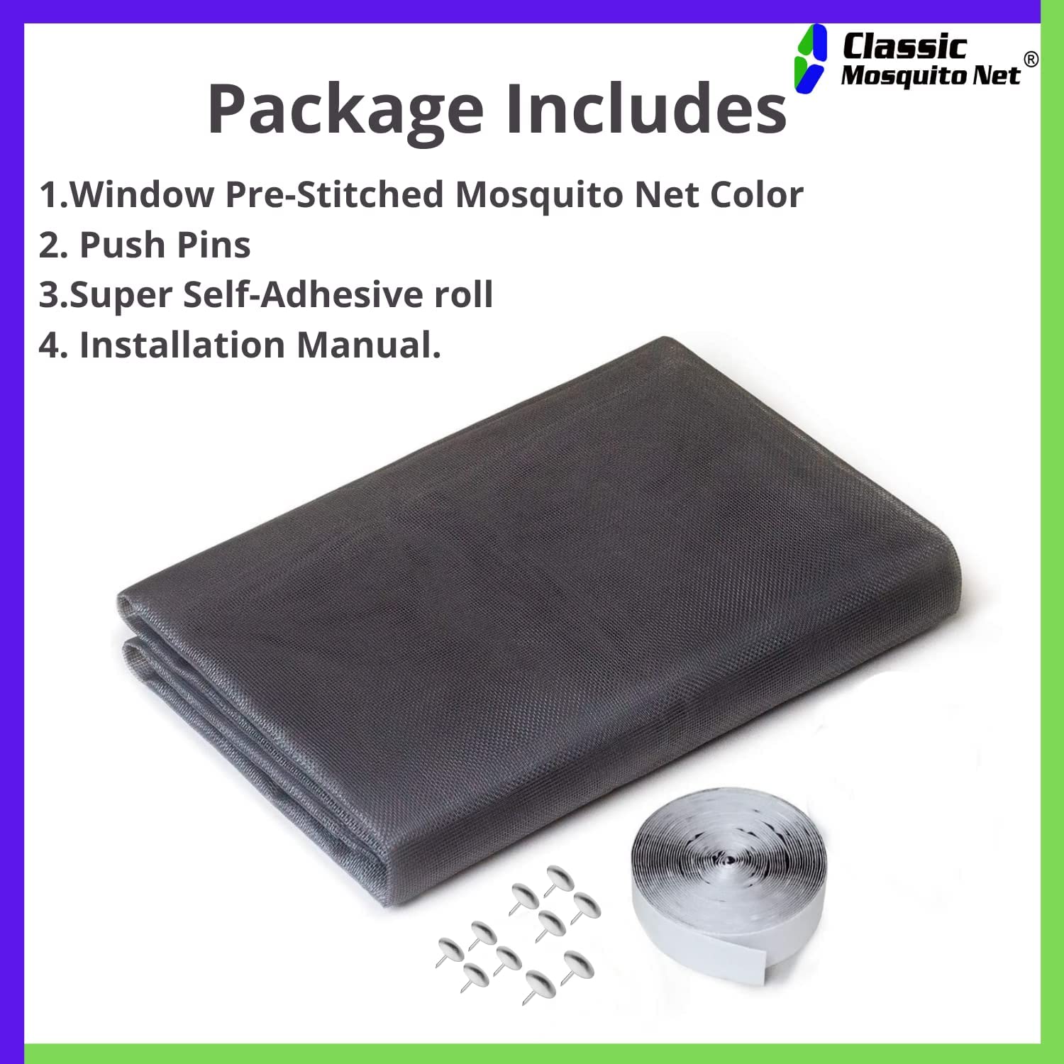 Classic Mosquito Net for Windows | Pre-Stitched (Size:140cmX150cm, Color: Black) | Premium 120GSM Strong Fiberglass Net with Self Adhesive Hook Tape