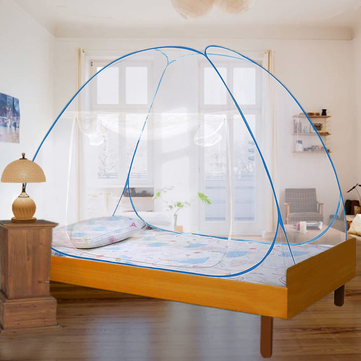 Antiliy Anti Mosquito Net for Single Bed, Strong net, High Durability, Foldable, Corrosion Resistant, Lightweight - Blue