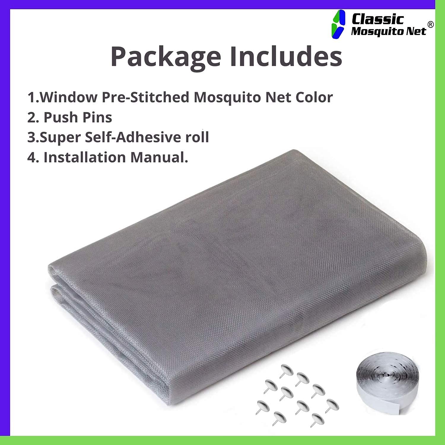 Classic Mosquito Net for Windows | Pre Stitched (Size-150X180 cms/4.92 * 5.90 Ft/59 * 23.6 Inches Color-Grey) | Premium 120GSM Fiberglass Net with Self Adhesive Hook Tape