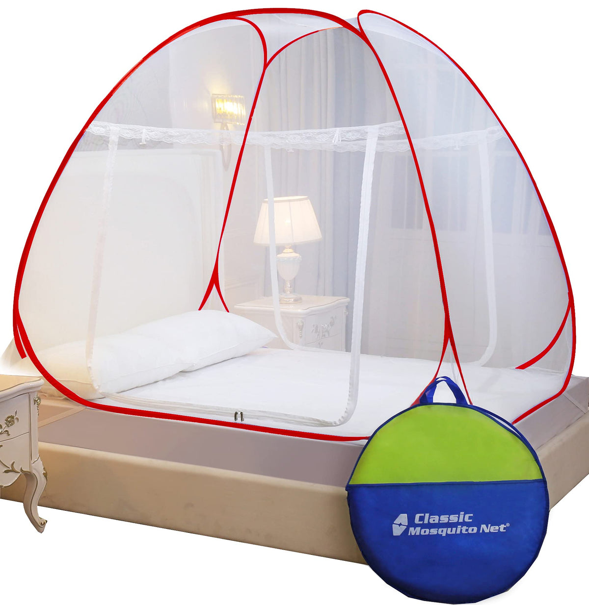 Classic Mosquito Net for Double Bed | Queen Size Foldable Machardani | Polyester 30GSM Strong Net | PVC Coated Corrosion Resistant Steel Wire - Red