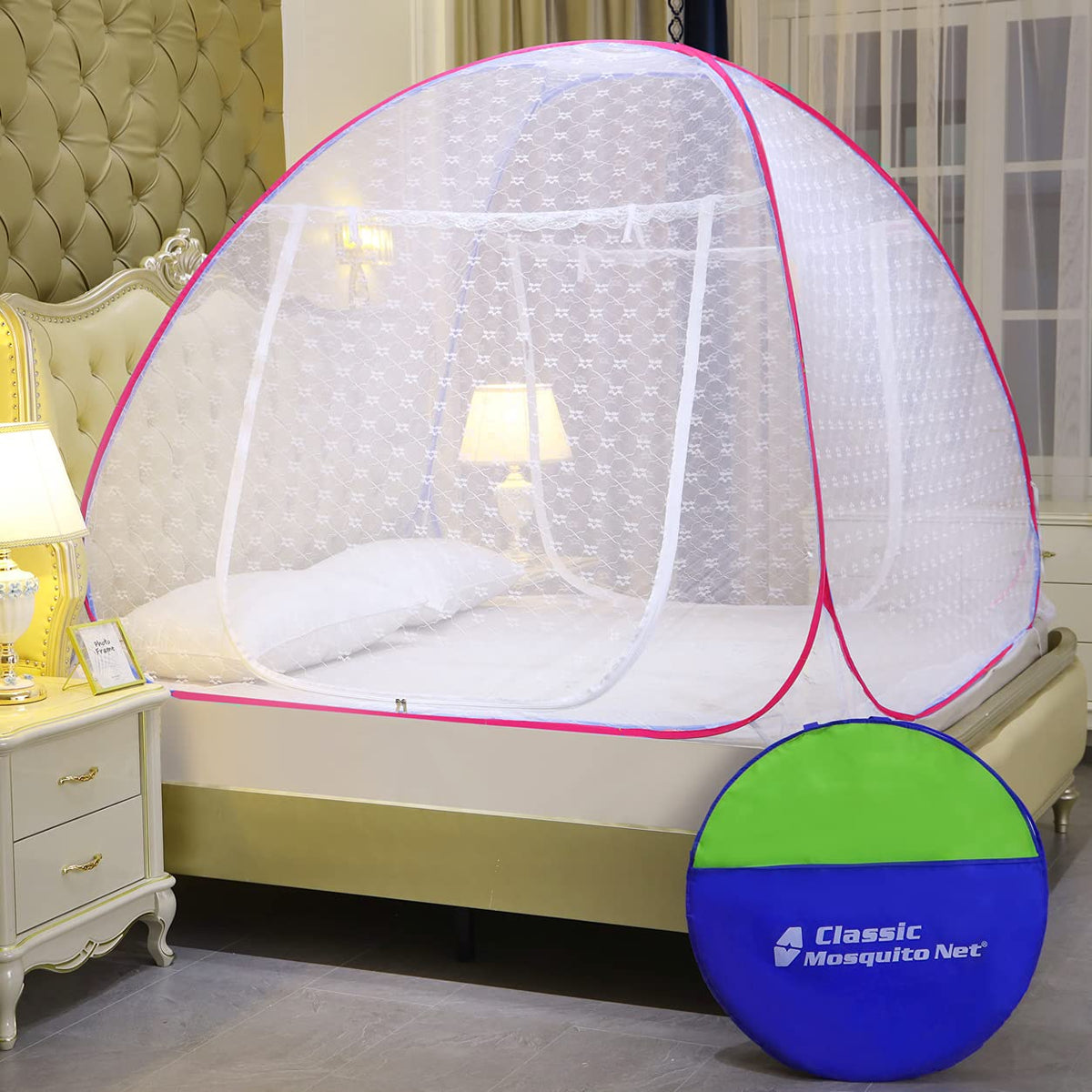 Classic Mosquito Net for Double Bed | Queen Size Embroidery Foldable Machardani | Polyester 30GSM Strong Net | PVC Coated Corrosion Resistant Steel Wire - Full Blue