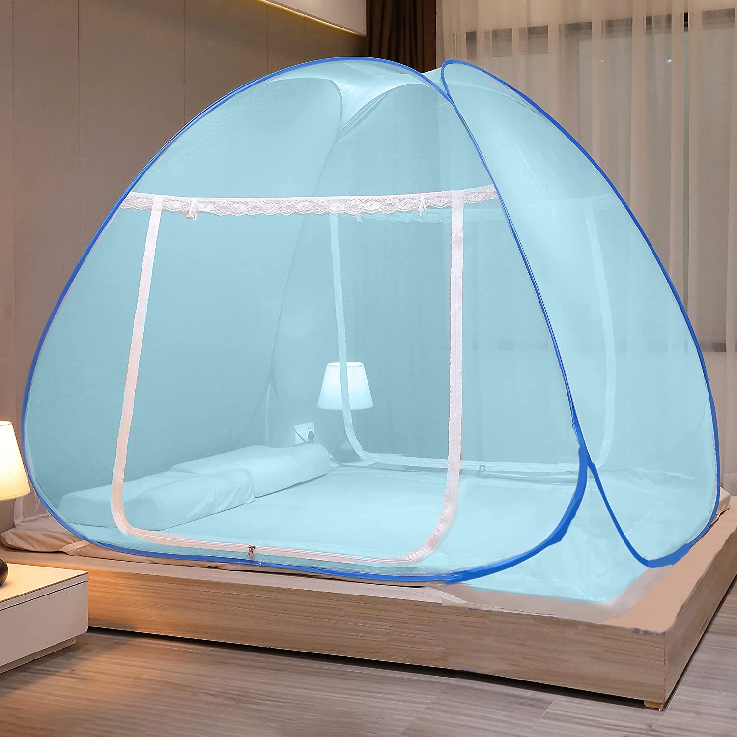 Evafly Mosquito Net for Double Bed | King Size Foldable Machardani | Polyester 30GSM Strong Net |PVC Coated Corrosion Resistant Steel Wire - Full Blue