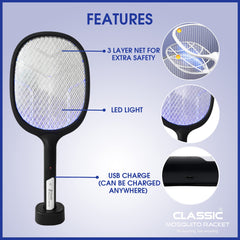 Classic Mosquito Racket With Rechargeable Insect Killer, Mosquito Bat With Led Lights, 1200Mah Lithium Ion Battery, Made In India (Black)
