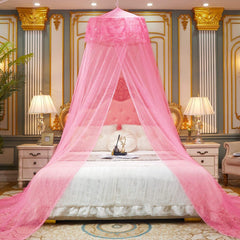 Classic Mosquito Net for Hanging Double Bed | King Size Embroidery Machardani | Polyester 30GSM Strong Net | Canopy Tent for Bedrooom -Pink