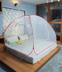 Evafly Mosquito Net for Double Bed | King Size Foldable Machardani | Polyester 30GSM Strong Net |PVC Coated Corrosion Resistant Steel Wire - Red
